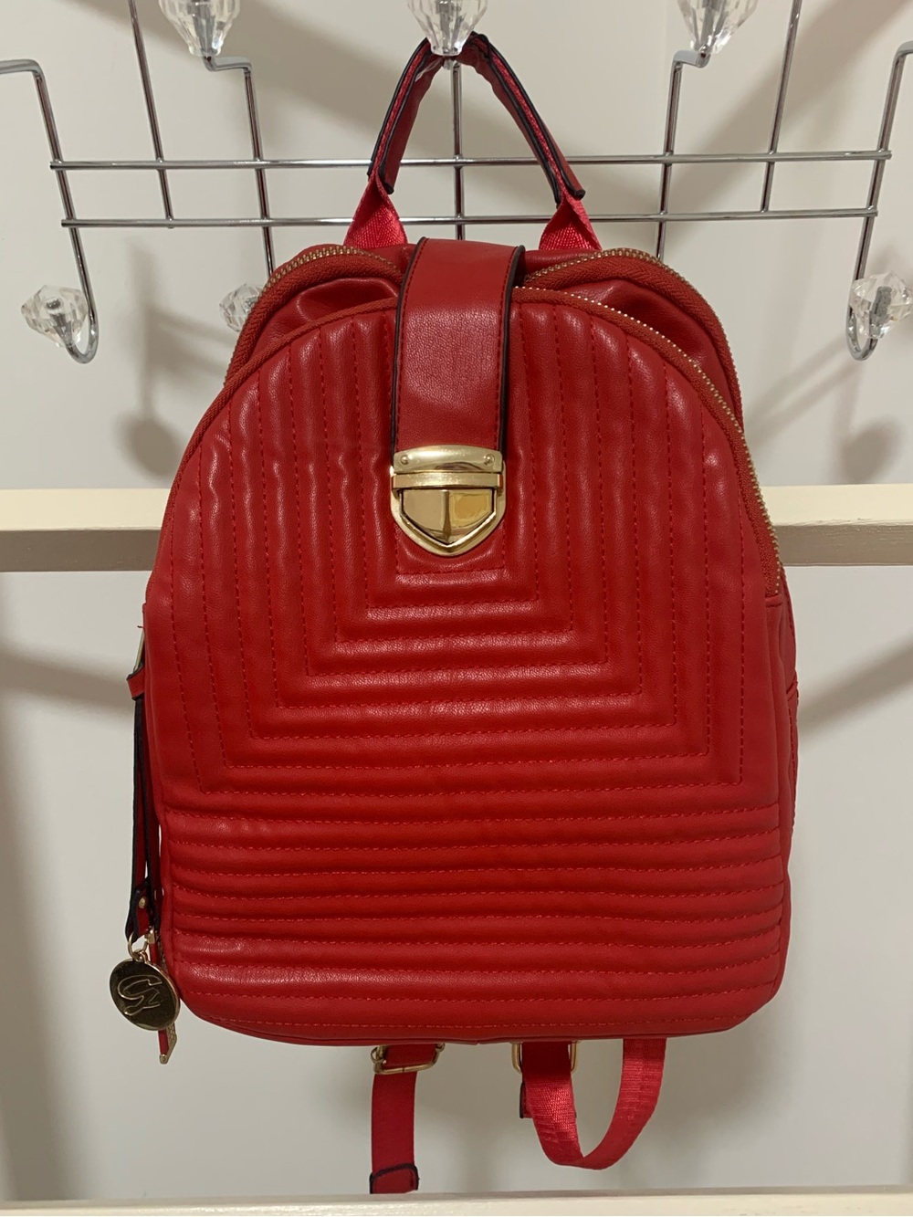 Galian New York Red Chevron Quilted Backpack with Gold Hardware